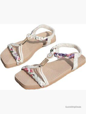 Floral Print Woven Open Toe Vacation Beach Flat Sandals with Ankle Strap